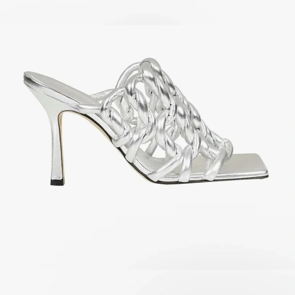 Goolita Metallic Braided Sandals Open Toe Stiletto Mule Heels Sexy Backless